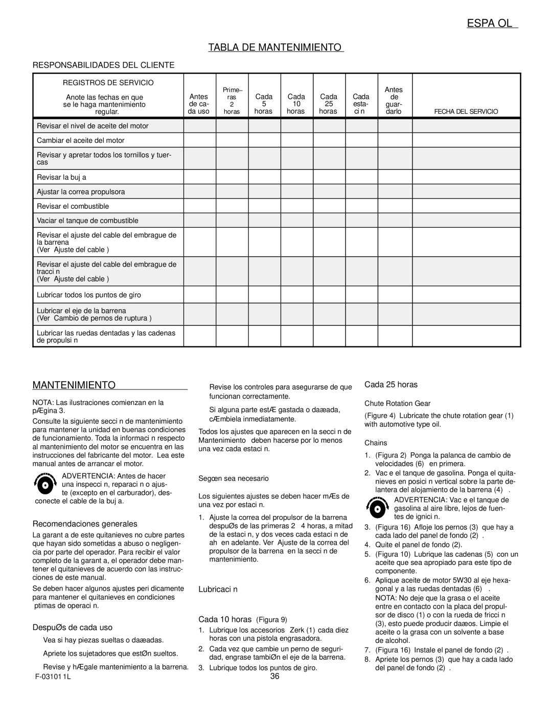 Murray 624504x4C manual Tabla DE Mantenimiento 