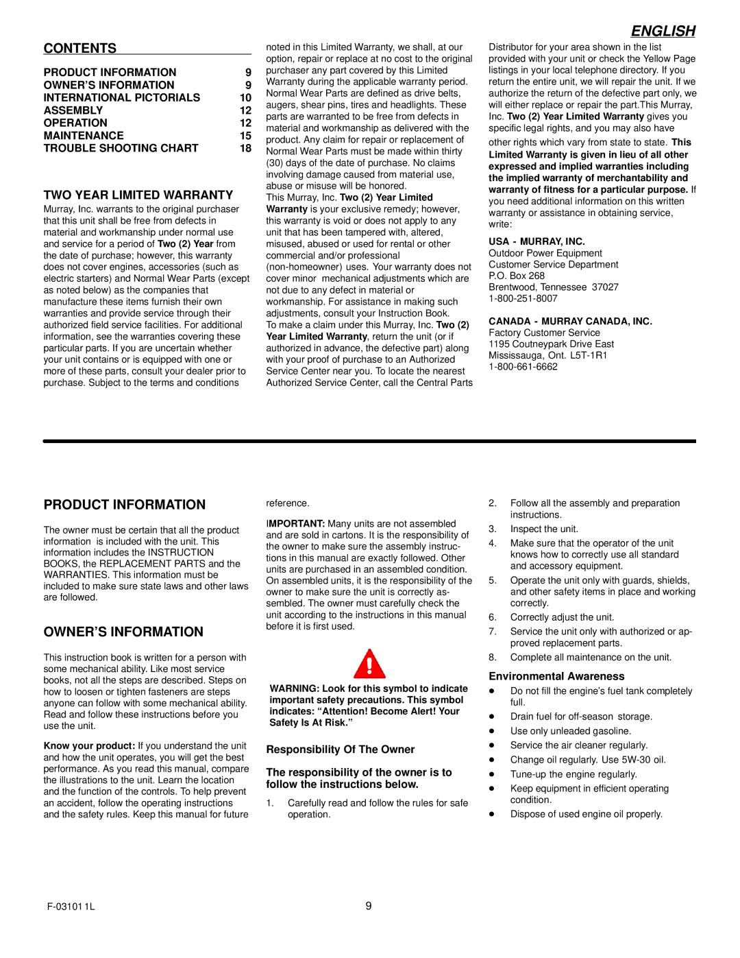 Murray 624504x4C manual Contents, Product Information, OWNER’S Information 