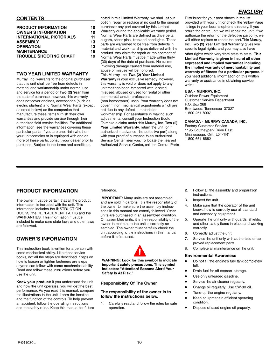 Murray 629108x84B manual Contents, Product Information, OWNER’S Information 