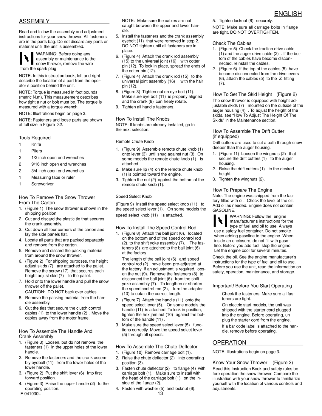 Murray 629108x84B manual Assembly, Operation 