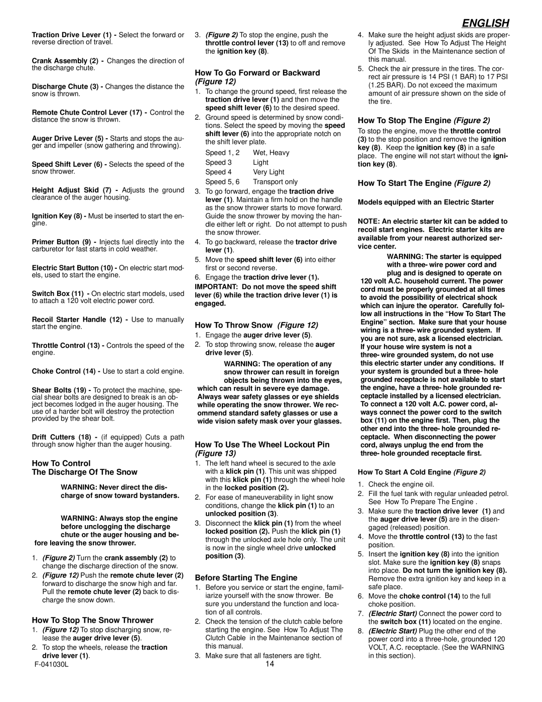 Murray 629108x84B How To Control Discharge Of The Snow, How To Stop The Snow Thrower, How To Go Forward or Backward Figure 