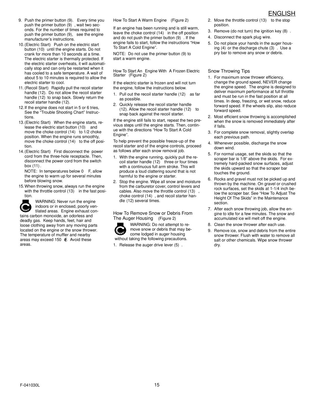 Murray 629108x84B manual How To Remove Snow or Debris From The Auger Housing Figure, Snow Throwing Tips 