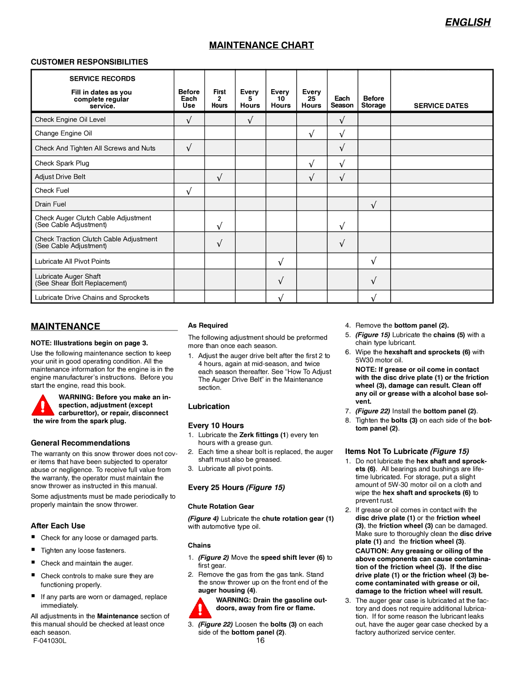 Murray 629108x84B manual Maintenance Chart 