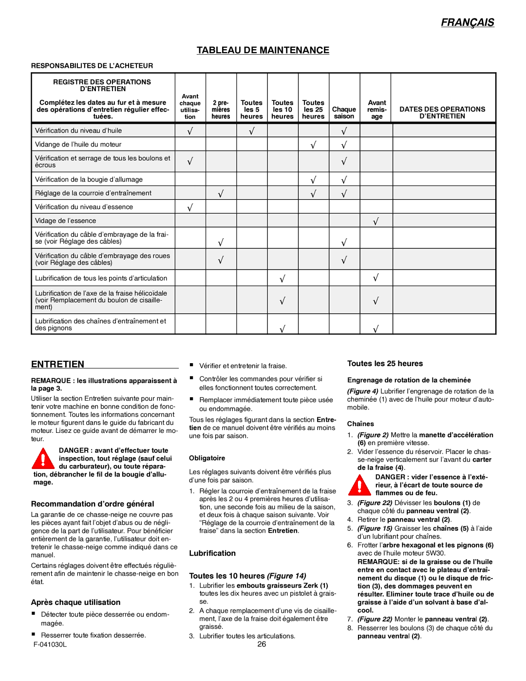 Murray 629108x84B manual Tableau DE Maintenance, Entretien 