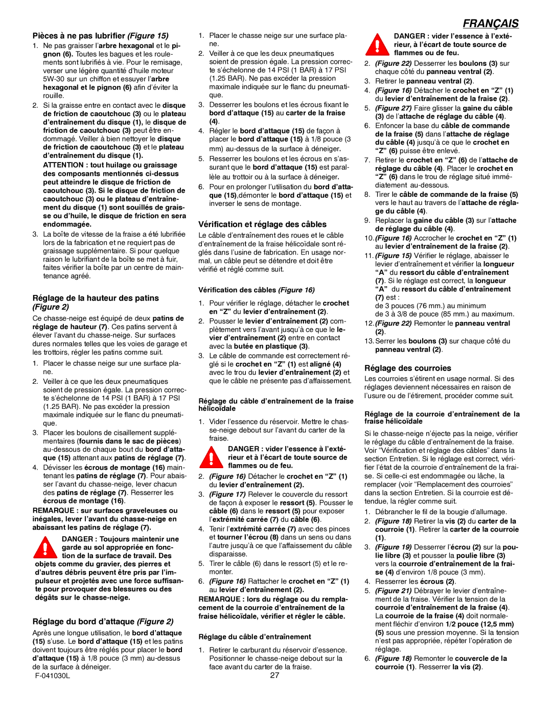 Murray 629108x84B Pièces à ne pas lubrifier Figure, Réglage du bord d’attaque Figure, Vérification et réglage des câbles 