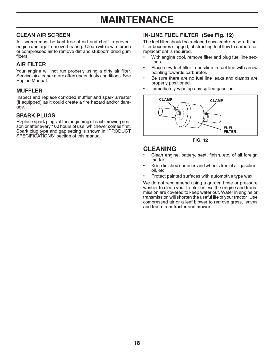 Murray 96012007200 manual Cleaning, Clean AIR Screen, AIR Filter, Muffler, Spark Plugs 