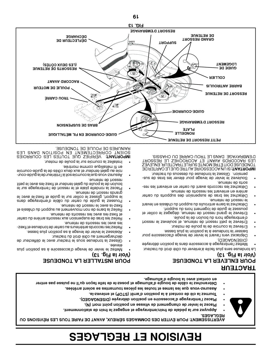 Murray 96012007200 manual Reglages ET Revision, Tracteur, Tondeuse LA Installer Pour, Tondeuse LA Enlever Pour, 13 .FIG 