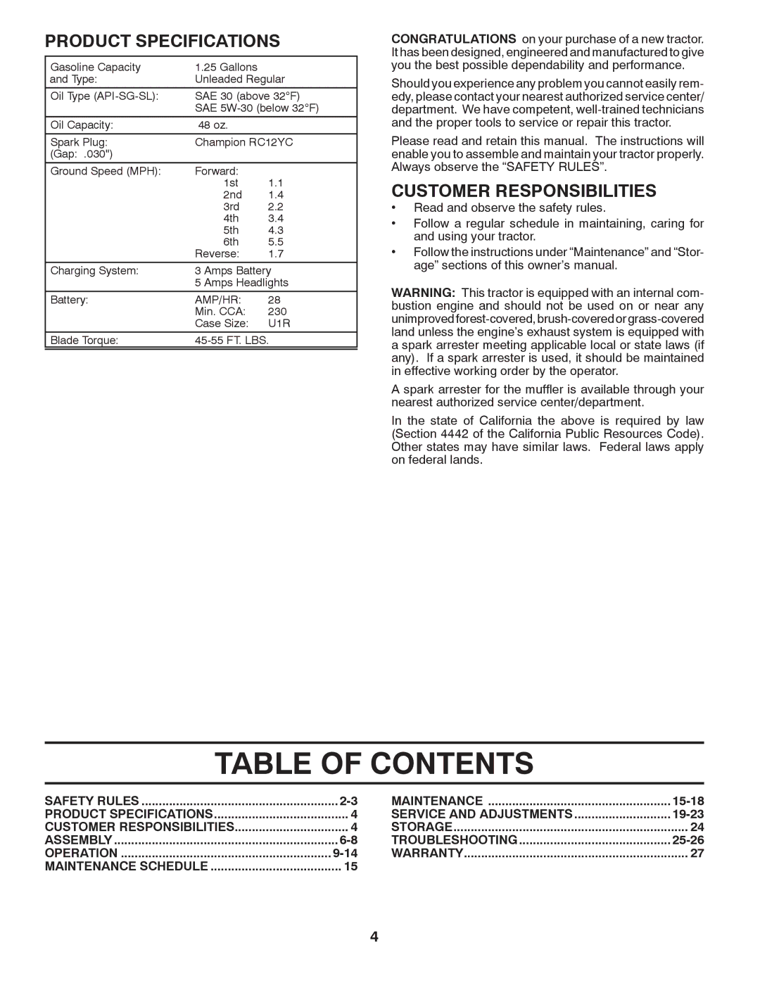 Murray 96012007200 manual Table of Contents 