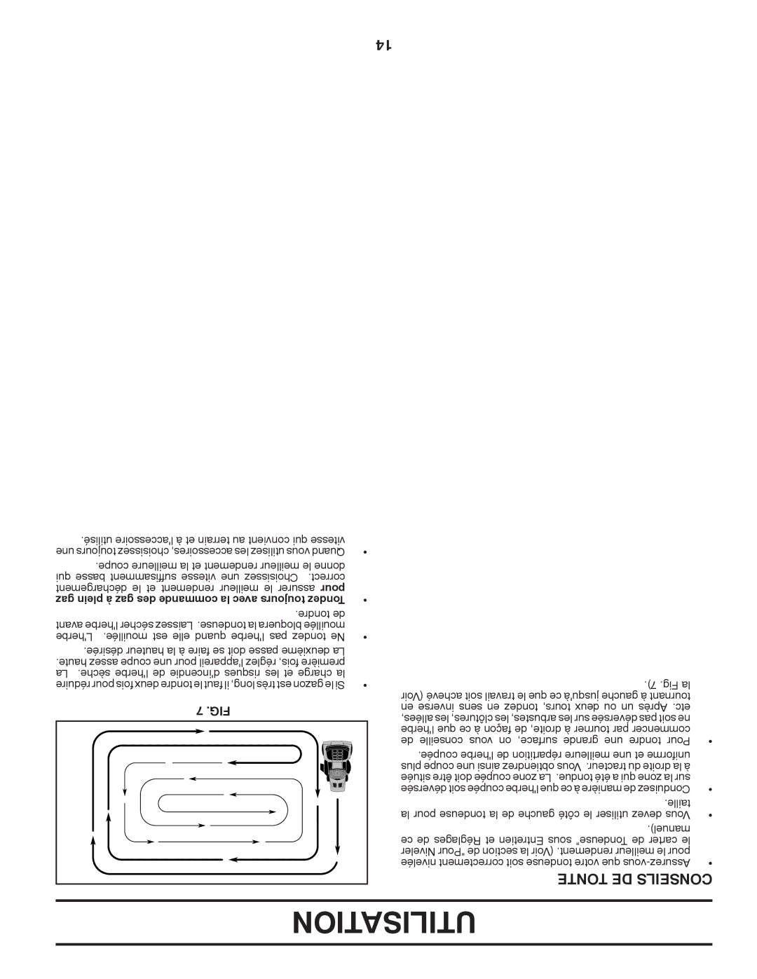 Murray 96012007200 manual Utilisation, Tonte DE Conseils, Utilisé resoiceslac à et terrain au convient qui vitesse 