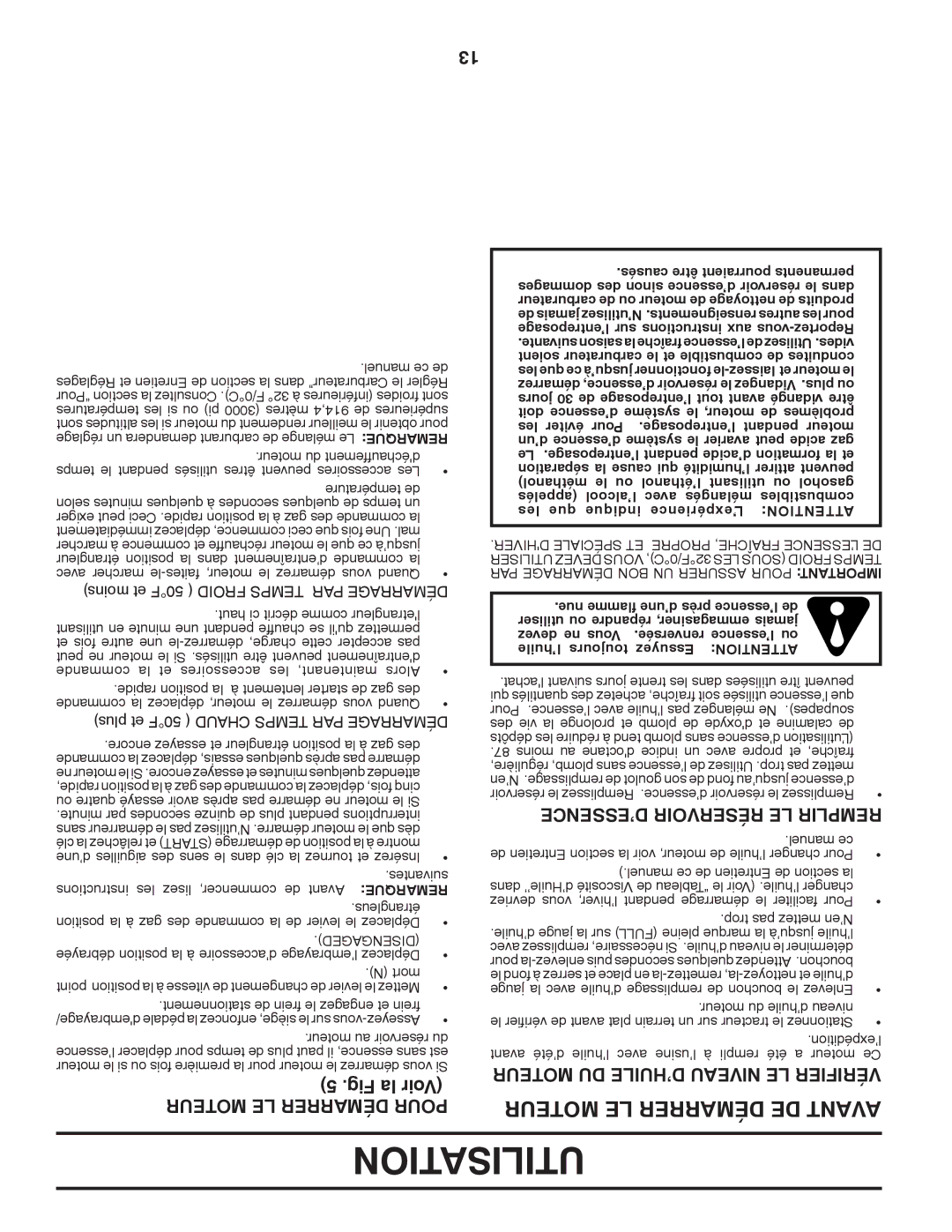 Murray 96012007200 manual Moteur LE Démarrer DE Avant, Moteur LE Démarrer Pour, ’ESSENCE Réservoir LE Remplir 