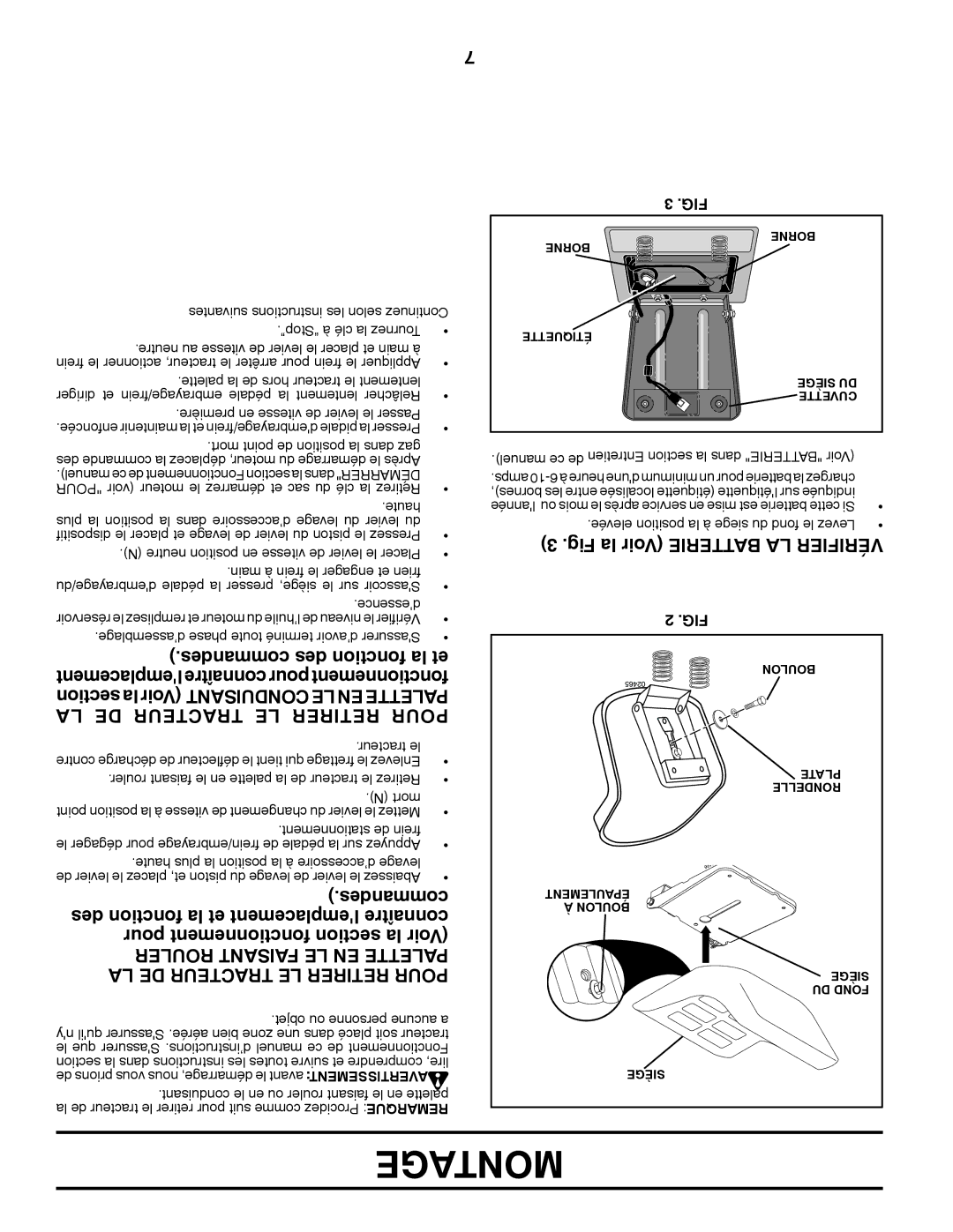 Murray 96012007200 manual Fig la Voir Batterie LA Vérifier, Desmancom des tionfonc la et, LA DE Tracteur LE Retirer Pour 