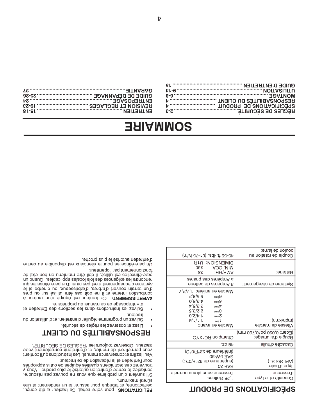 Murray 96012007200 manual Sommaire, Client DU Responsabilités, Produit DE Spécifications 