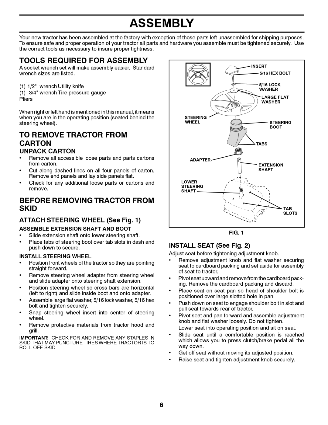 Murray 96012007200 manual Tools Required for Assembly, To Remove Tractor from Carton, Before Removing Tractor from Skid 