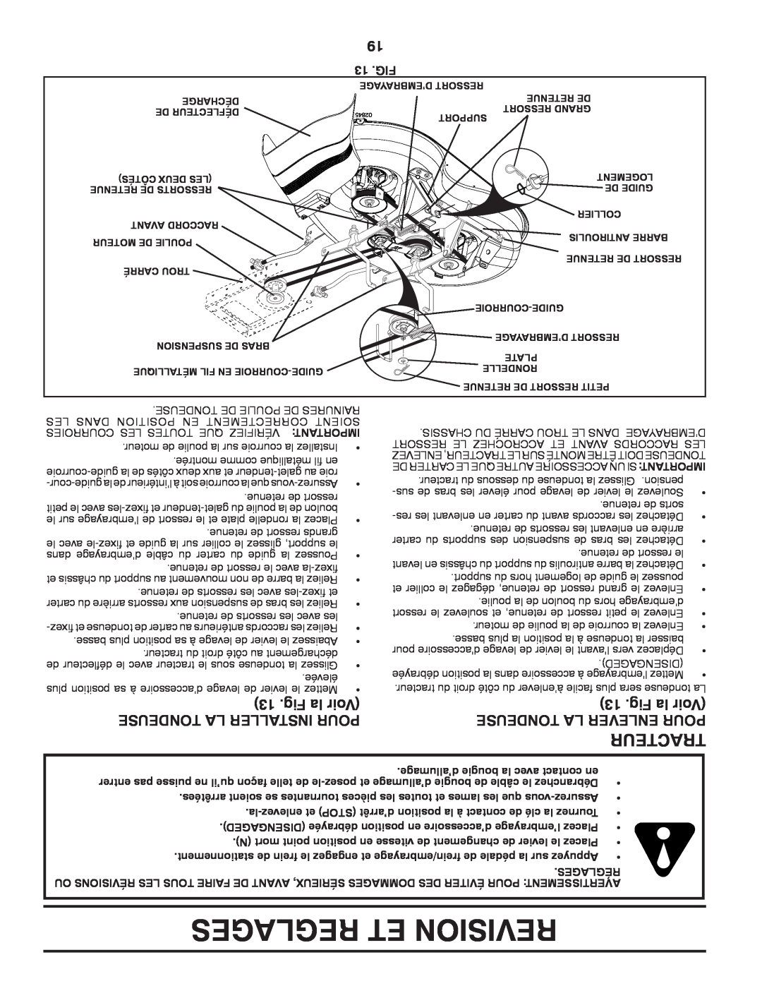 Murray 96012007200 manual Reglages Et Revision, Tracteur, Fig la Voir, Tondeuse La Installer Pour, Tondeuse La Enlever Pour 