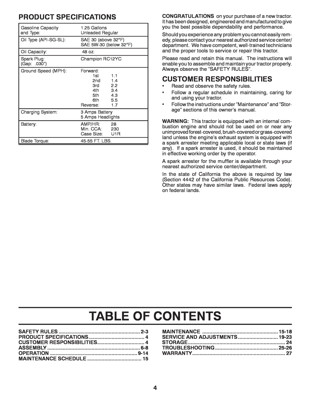 Murray 96012007200 manual Table Of Contents, Product Specifications, Customer Responsibilities 