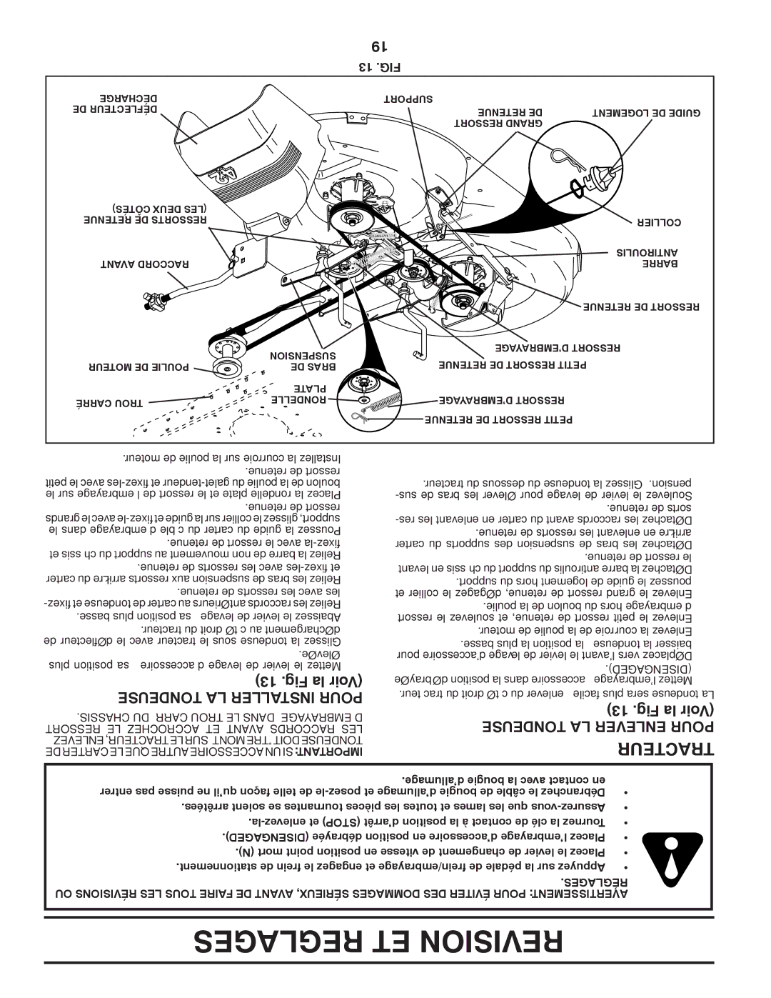 Murray 96017000500 manual Reglages ET Revision, Tracteur, Fig la Voir Tondeuse LA Installer Pour, Tondeuse LA Enlever Pour 