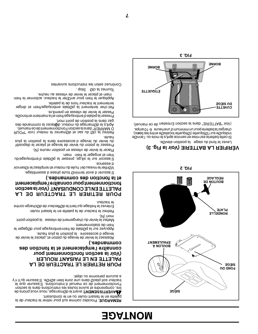 Murray 96017000500 manual Fig la Voir Batterie LA Vérifier, Desmancom des tionfonc la et, LA DE Tracteur LE Retirer Pour 