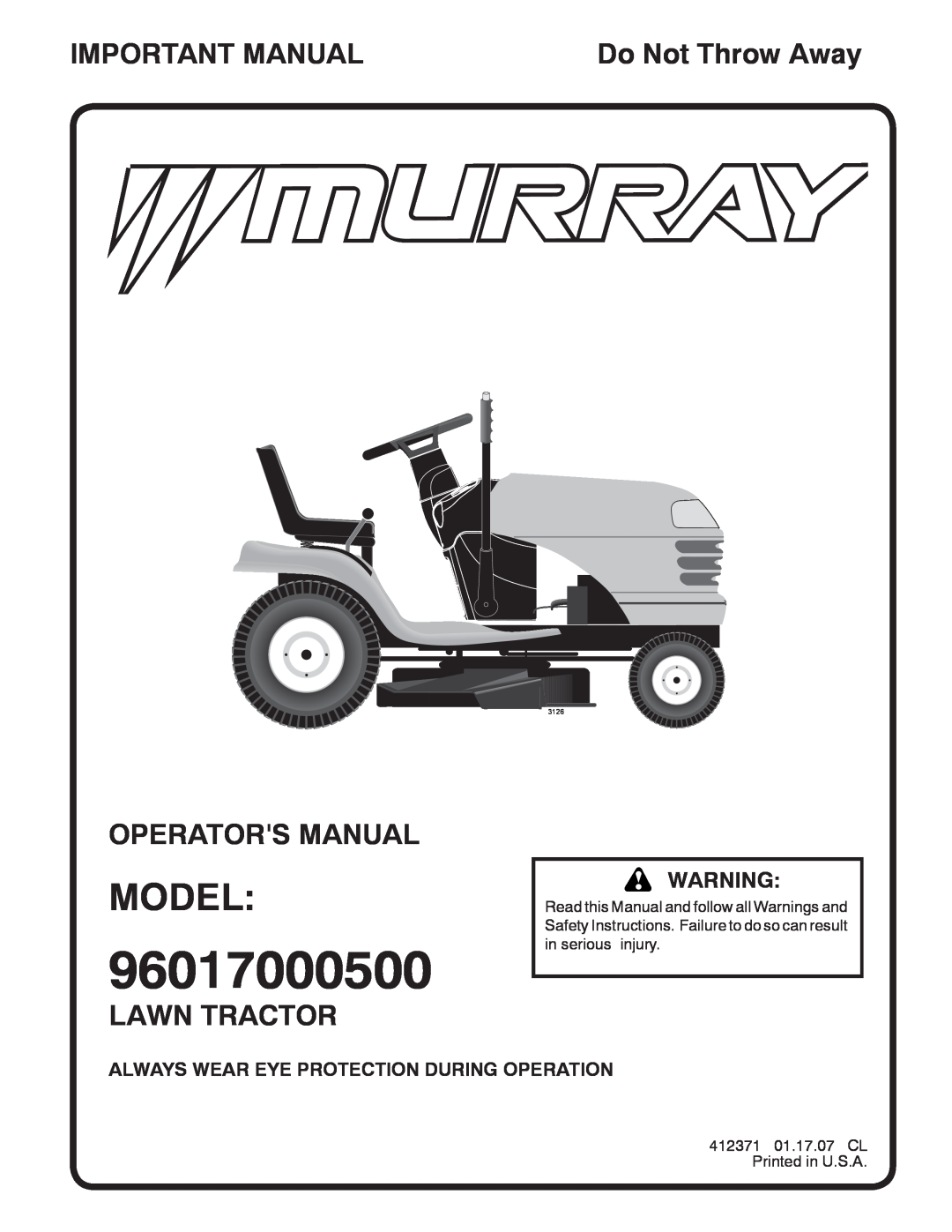 Murray 96017000500 manual Model, Important Manual, Operators Manual, Lawn Tractor, Do Not Throw Away, 3126 