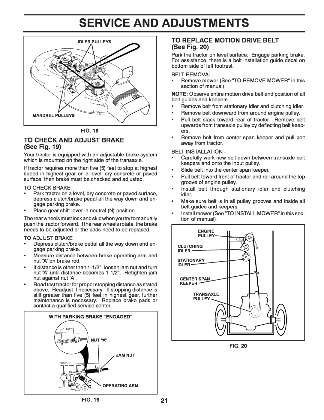 Murray 96017000500 manual TO CHECK AND ADJUST BRAKE See Fig, TO REPLACE MOTION DRIVE BELT See Fig, Service And Adjustments 