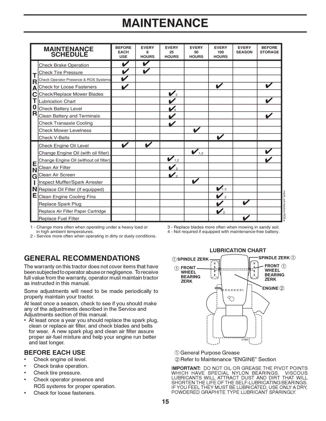 Murray 96017000600 manual Maintenance 