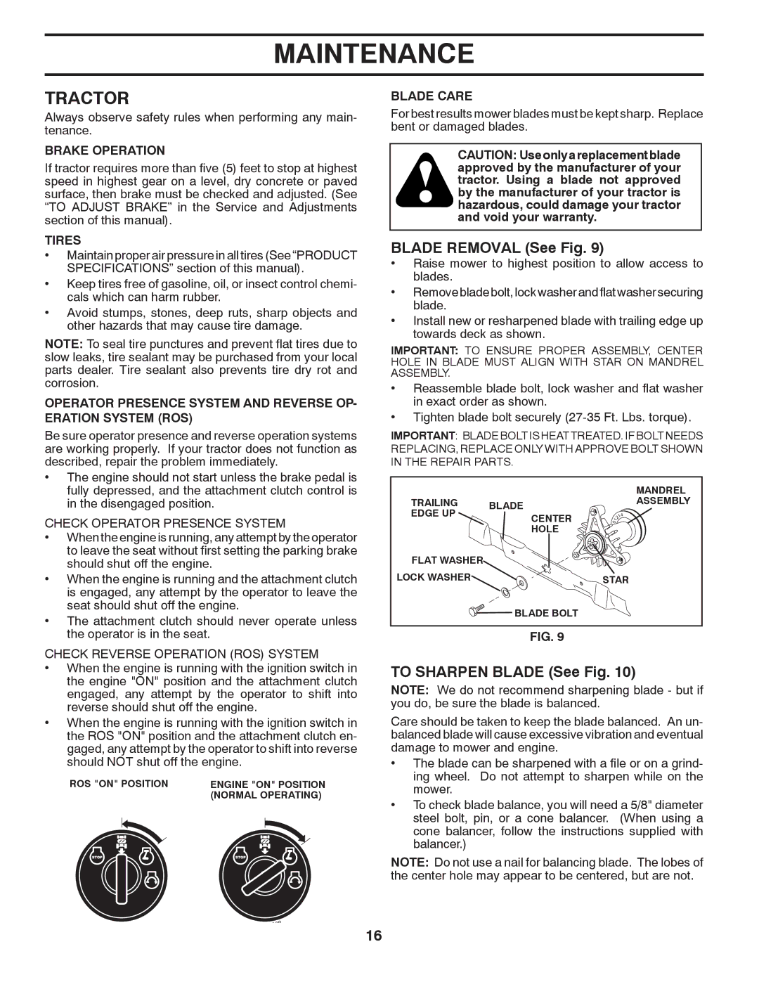 Murray 96017000600 manual Tractor, Blade Removal See Fig, To Sharpen Blade See Fig, Check Operator Presence System 