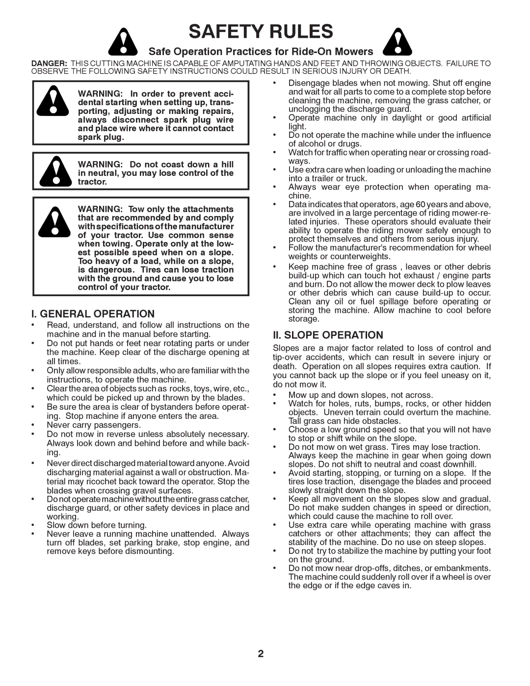 Murray 96017000600 manual Safe Operation Practices for Ride-On Mowers, General Operation, II. Slope Operation 