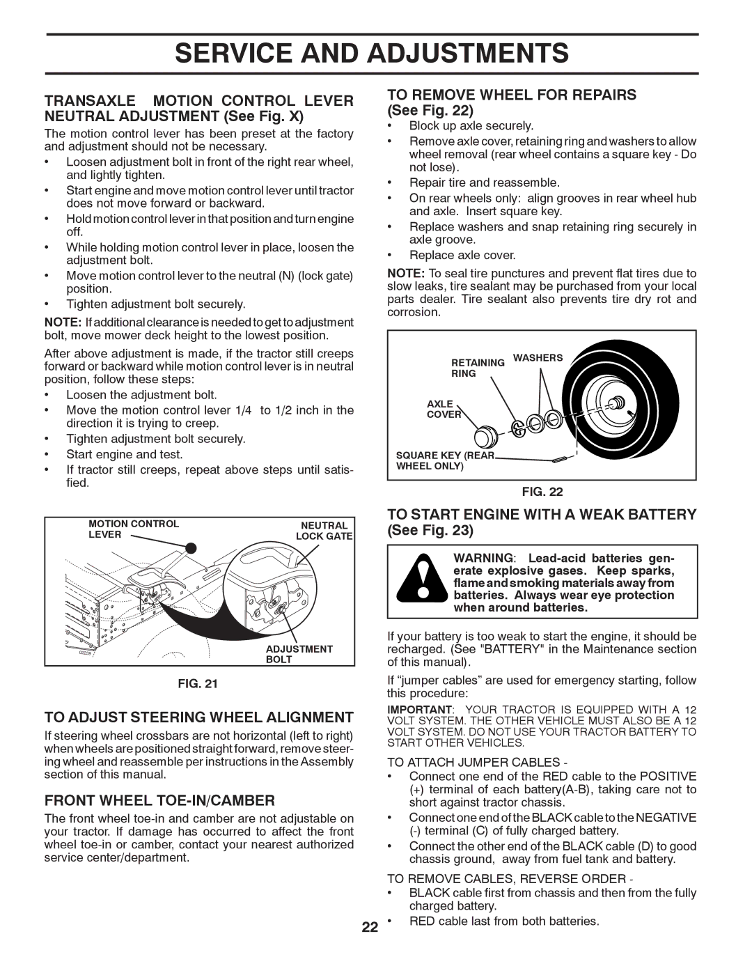 Murray 96017000600 manual Transaxle Motion Control Lever Neutral Adjustment See Fig, To Remove Wheel for Repairs See Fig 