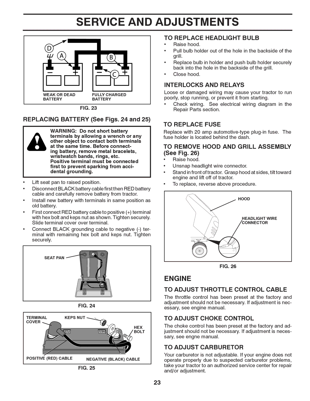 Murray 96017000600 To Replace Headlight Bulb, Interlocks and Relays, To Replace Fuse, To Adjust Throttle Control Cable 