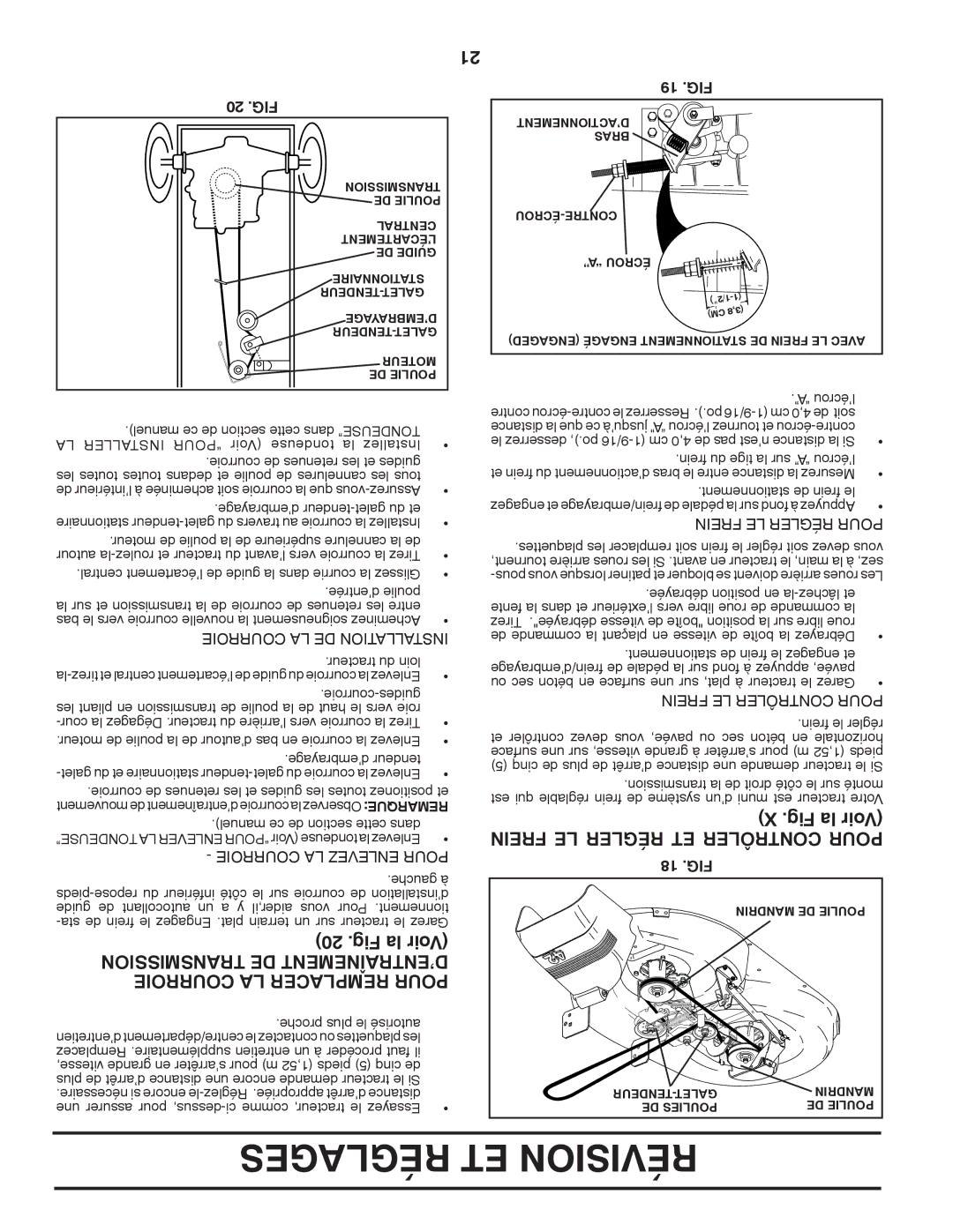 Murray 96017000600 manual Courroie LA Remplacer Pour, Frein LE Régler ET Contrôler Pour, Transmission DE MENTNETRAÎD’EN 