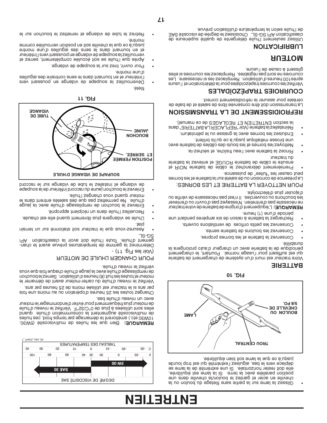 Murray 96017000600 manual Transmission LA DE Refroidissement, Lubrification, Trapézoïdales Courroies, 11 .FIG, 10 .FIG 