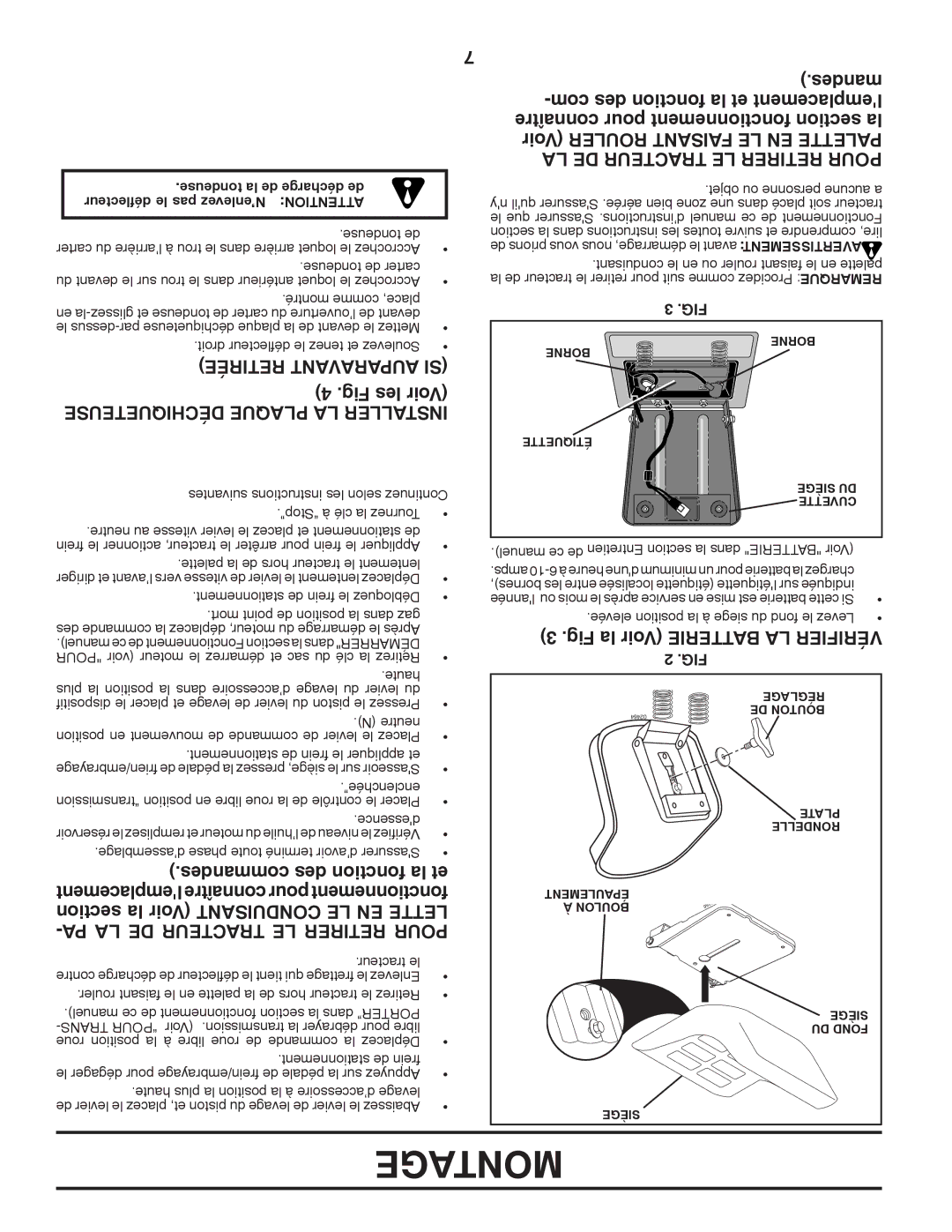 Murray 96017000600 manual Retirée Auparavant SI, Déchiqueteuse Plaque LA Installer, PA LA DE Tracteur LE Retirer Pour 