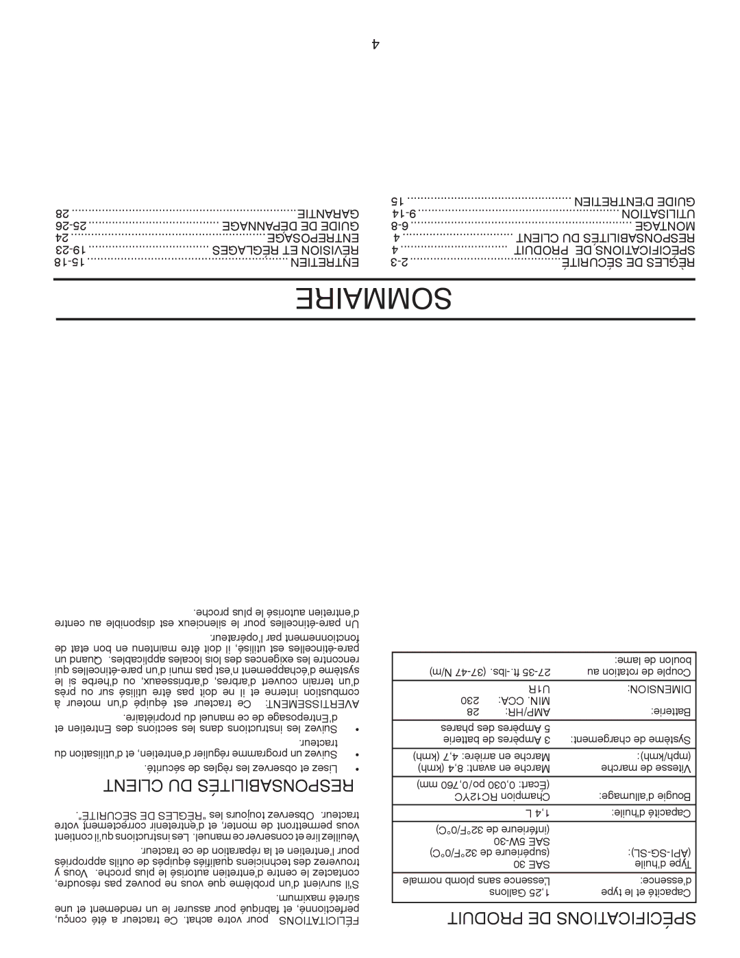 Murray 96017000600 manual Sommaire, Client DU Responsabilités, Produit DE Spécifications 