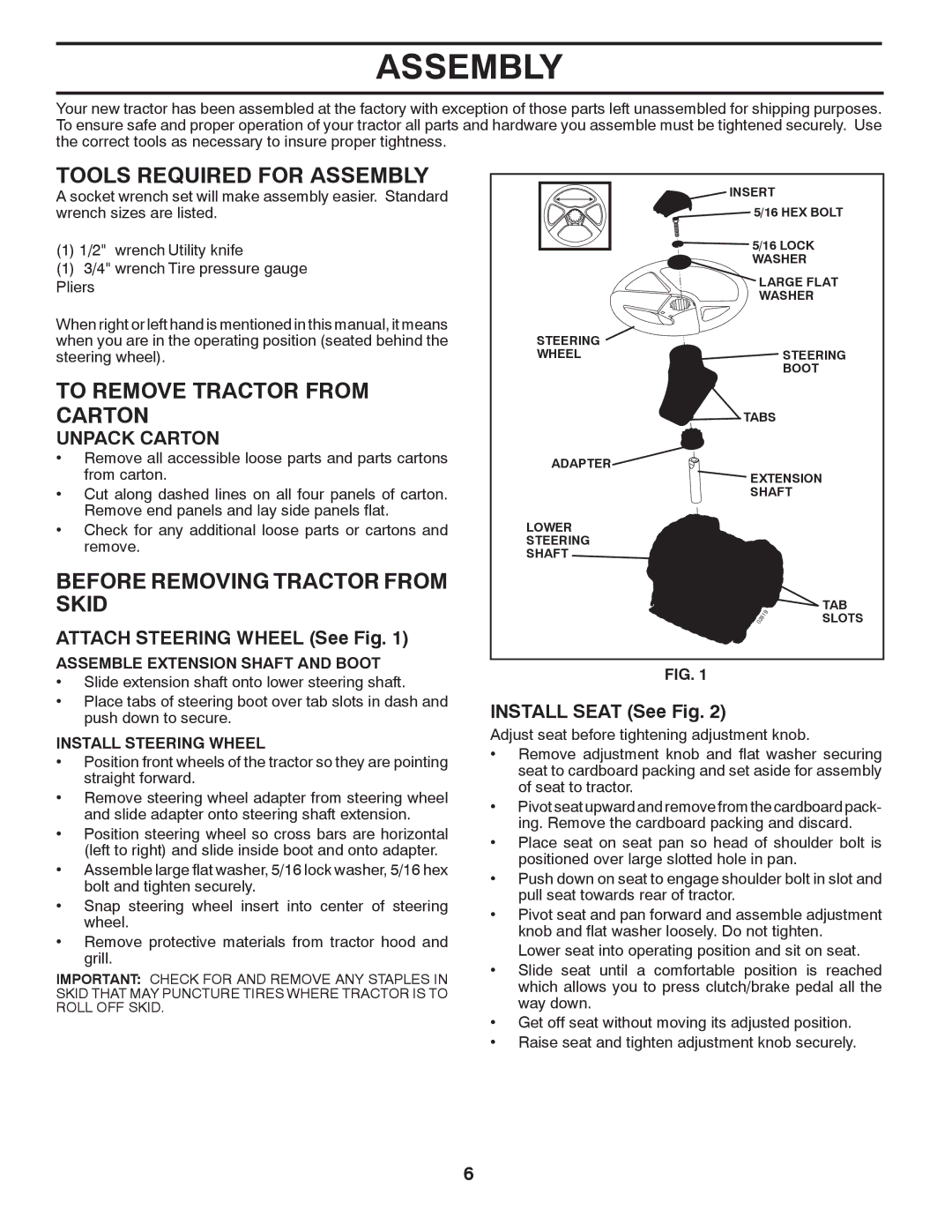 Murray 96017000600 manual Tools Required for Assembly, To Remove Tractor from Carton, Before Removing Tractor from Skid 