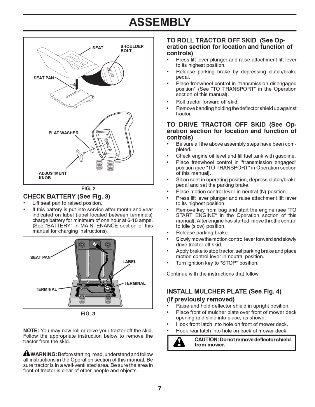 Murray 96017000600 manual Check Battery See Fig, Install Mulcher Plate See If previously removed 