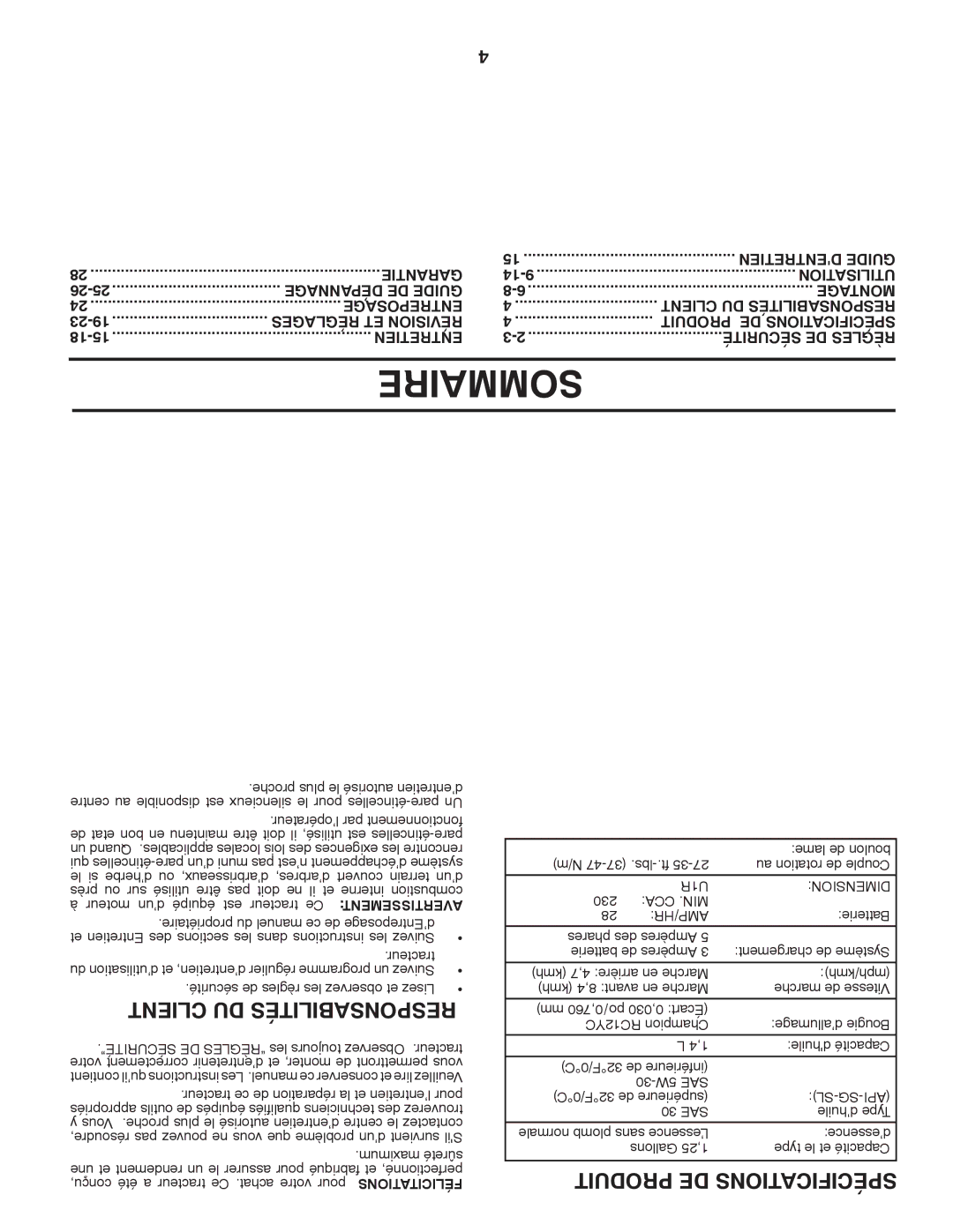 Murray 96017000700 manual Sommaire, Client DU Responsabilités, Produit DE Spécifications 