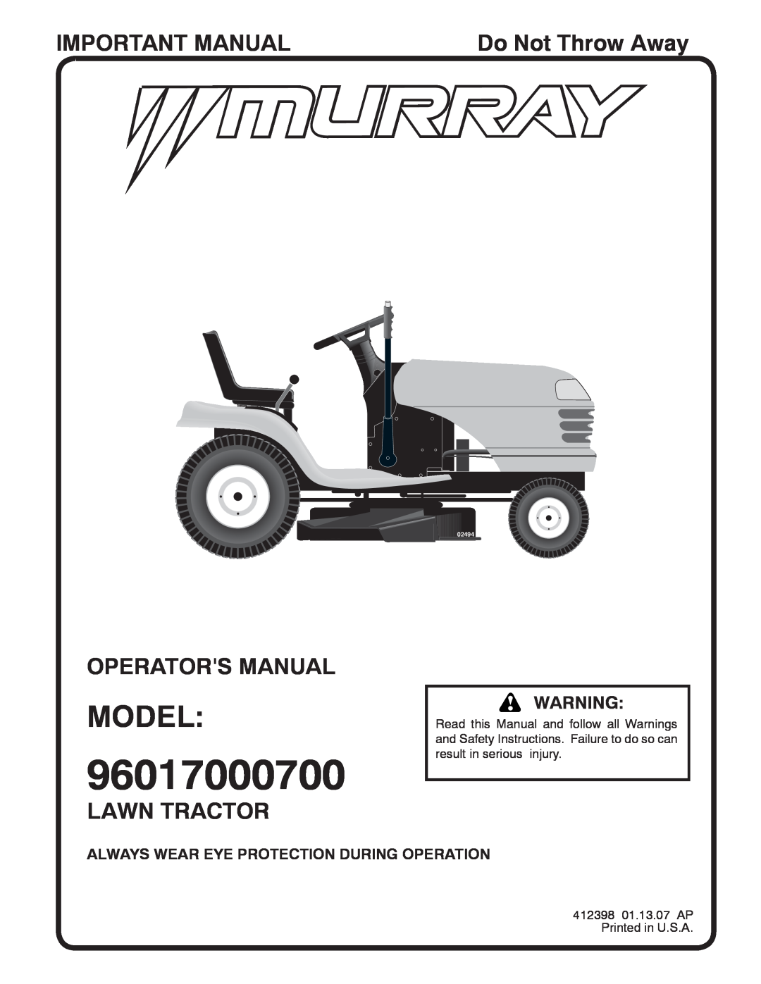 Murray 96017000700 manual Model, Important Manual, Operators Manual, Lawn Tractor, Do Not Throw Away,  
