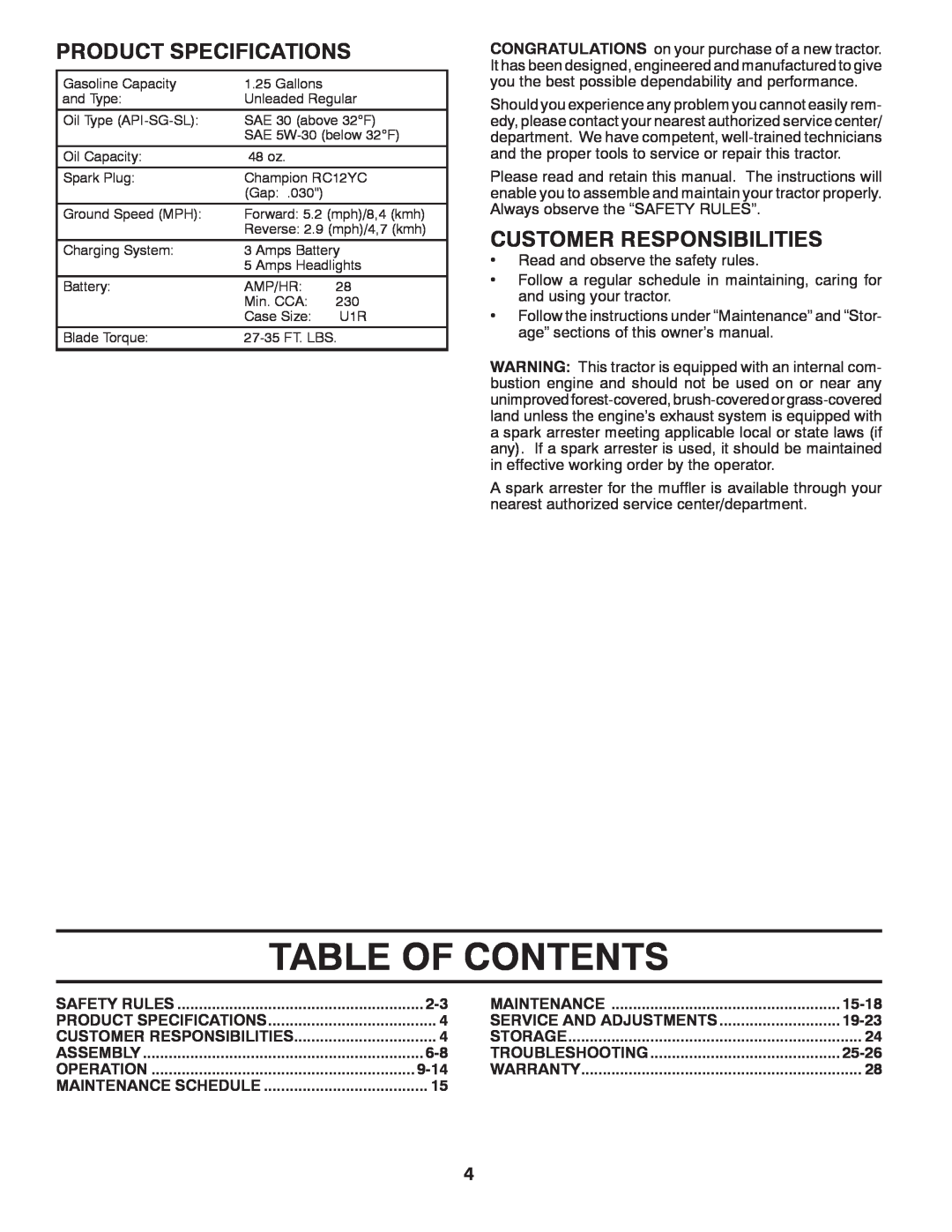 Murray 96017000700 manual Table Of Contents, Product Specifications, Customer Responsibilities, 9-14, 15-18, 19-23, 25-26 