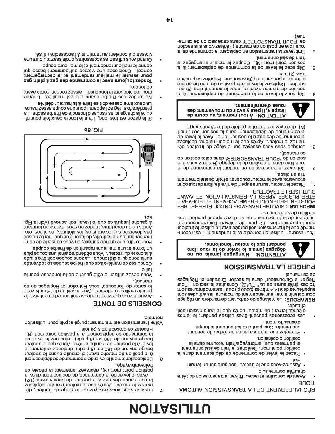 Murray 96017000700 manual Utilisation, Tonte De Conseils, Transmission La Purger, 8b .FIG, dentraînement roues 