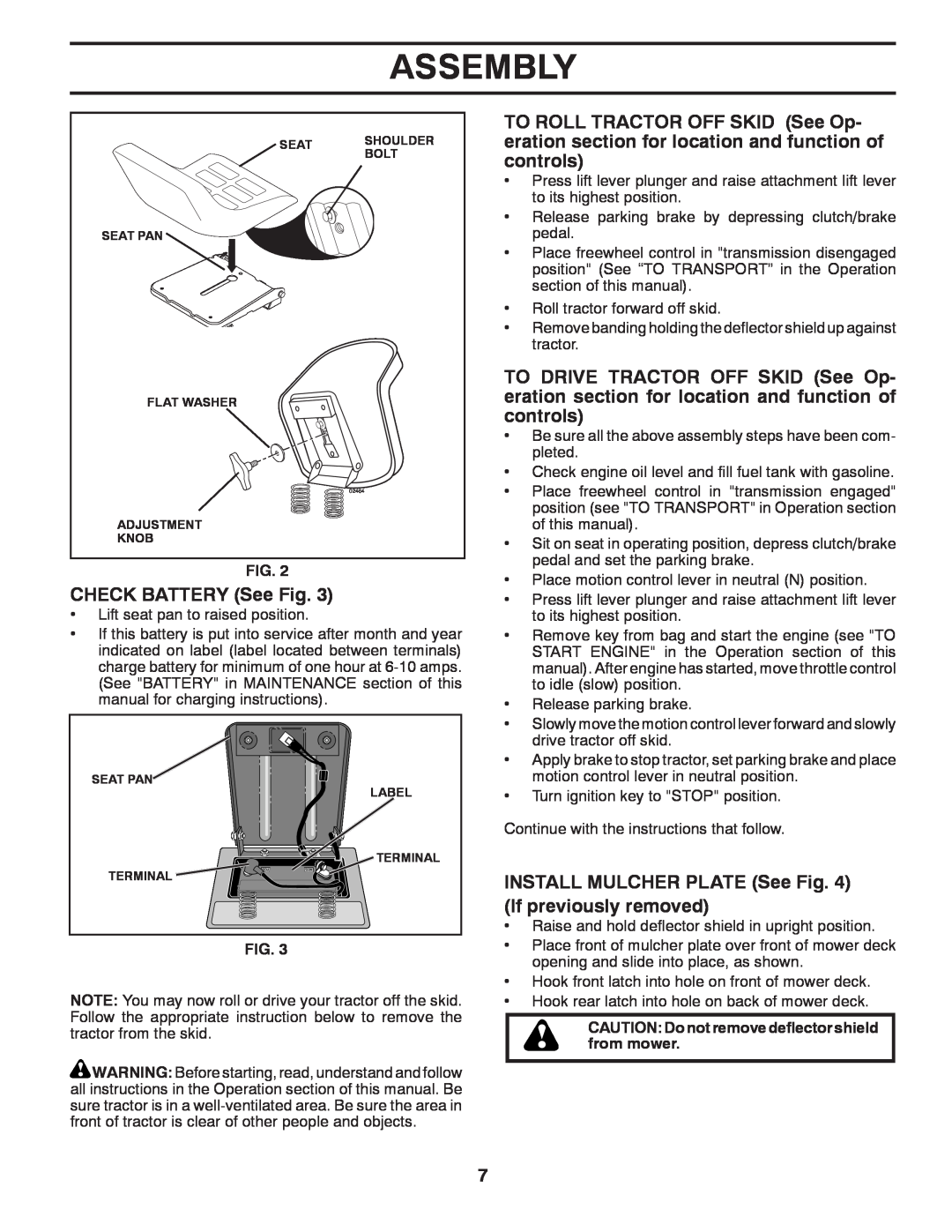 Murray 96017000700 manual CHECK BATTERY See Fig, INSTALL MULCHER PLATE See If previously removed, Assembly 