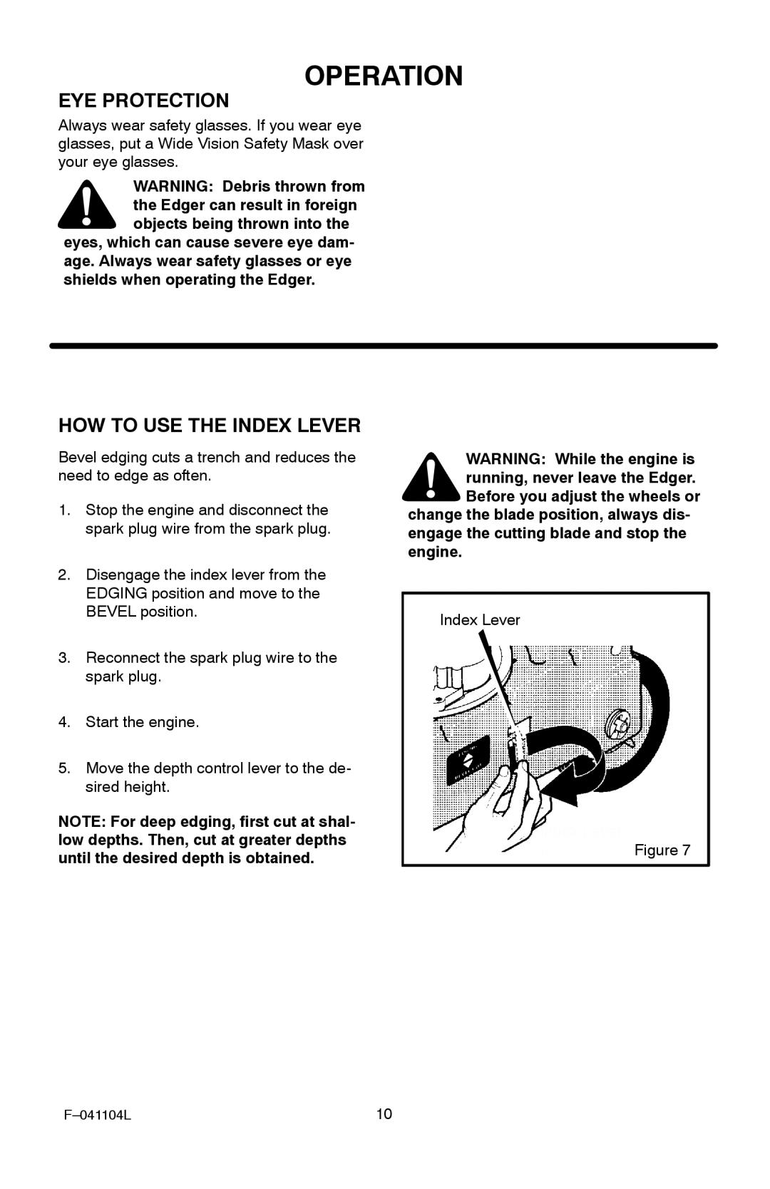 Murray EV3850x4B 3.8 operating instructions EYE Protection, HOW to USE the Index Lever 