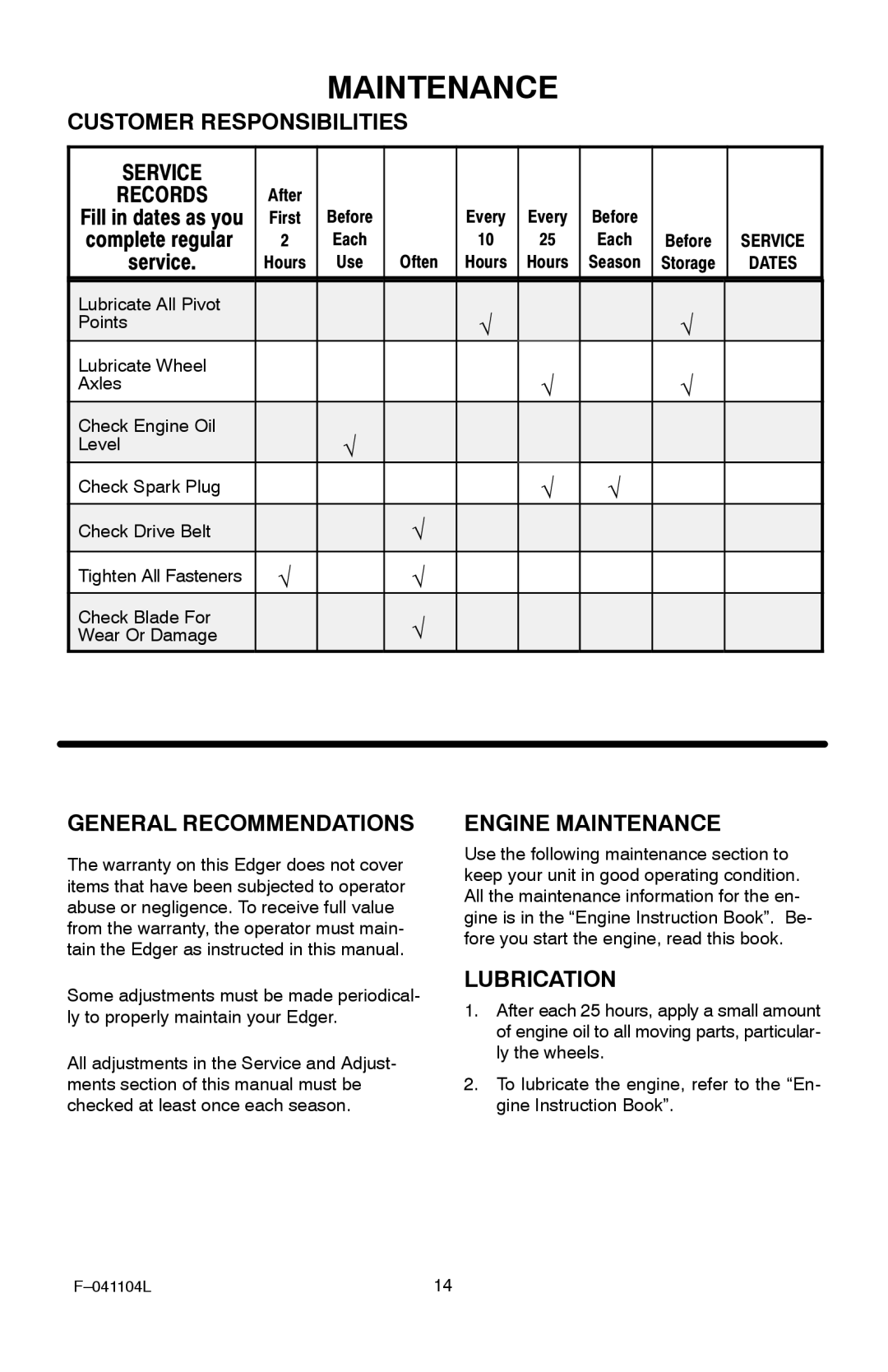 Murray EV3850x4B 3.8 Customer Responsibilities, General Recommendations, Engine Maintenance, Lubrication 