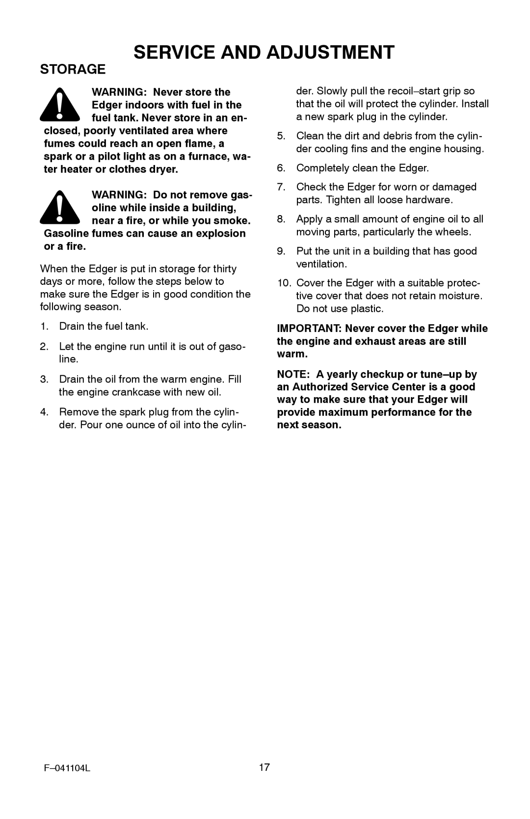 Murray EV3850x4B 3.8 operating instructions Storage 