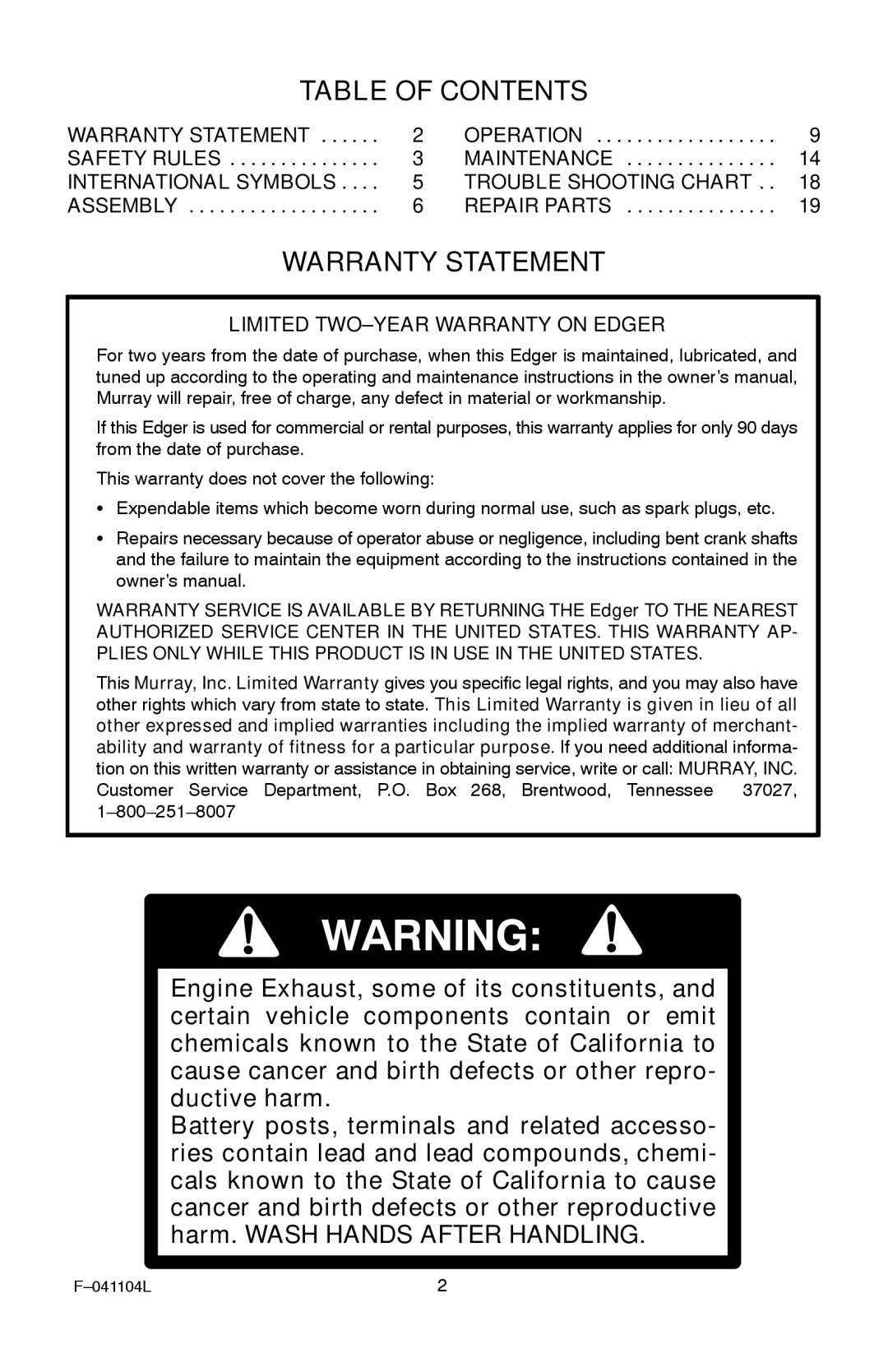 Murray EV3850x4B 3.8 operating instructions Table of Contents 