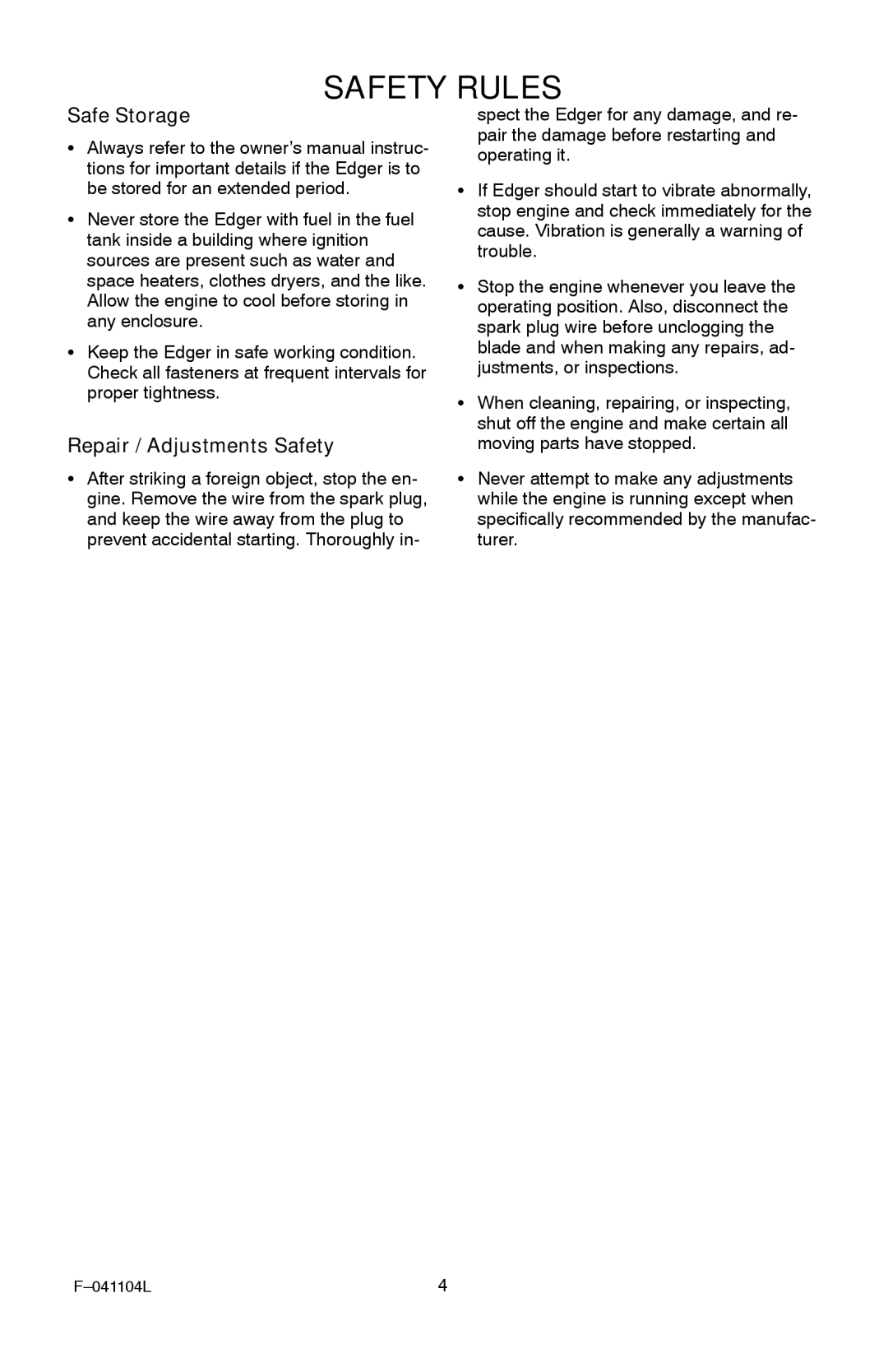 Murray EV3850x4B 3.8 operating instructions Safe Storage 