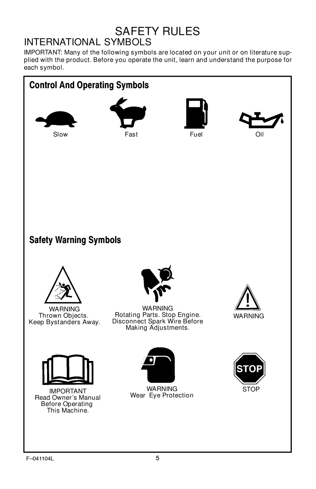 Murray EV3850x4B 3.8 operating instructions International Symbols, Slow Fast Fuel Oil 