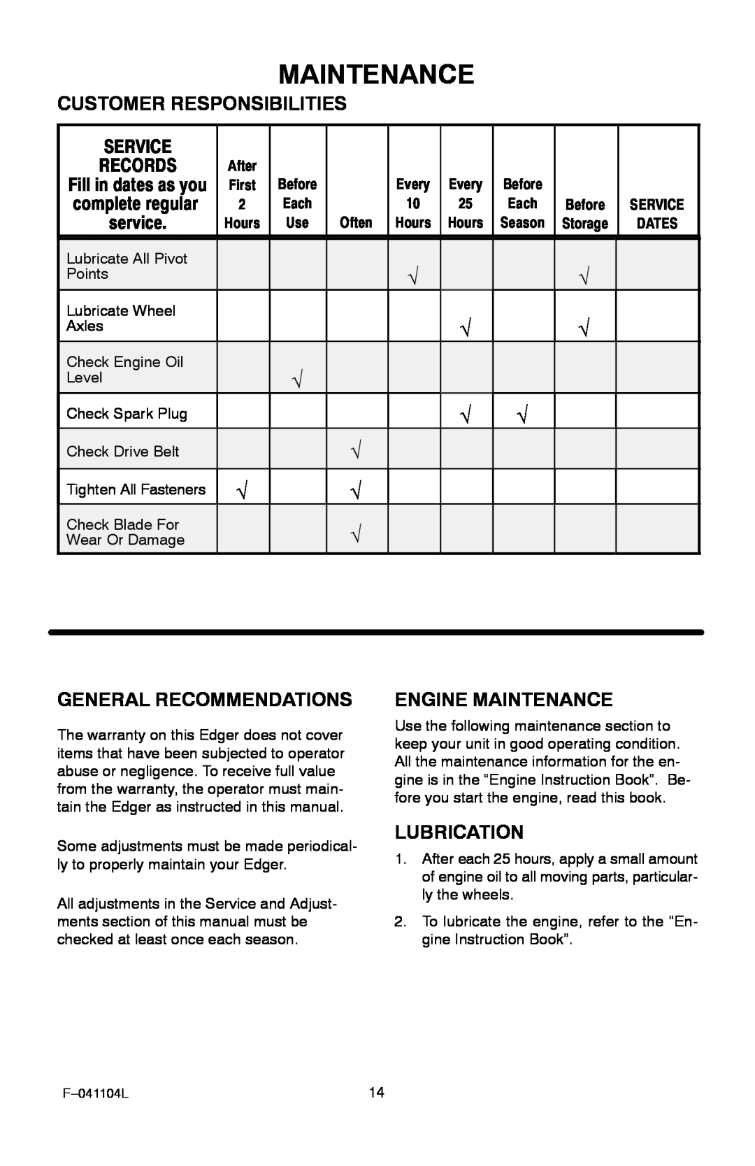 Murray EV3850x4B 3.8 Customer Responsibilities, General Recommendations, Engine Maintenance, Lubrication 