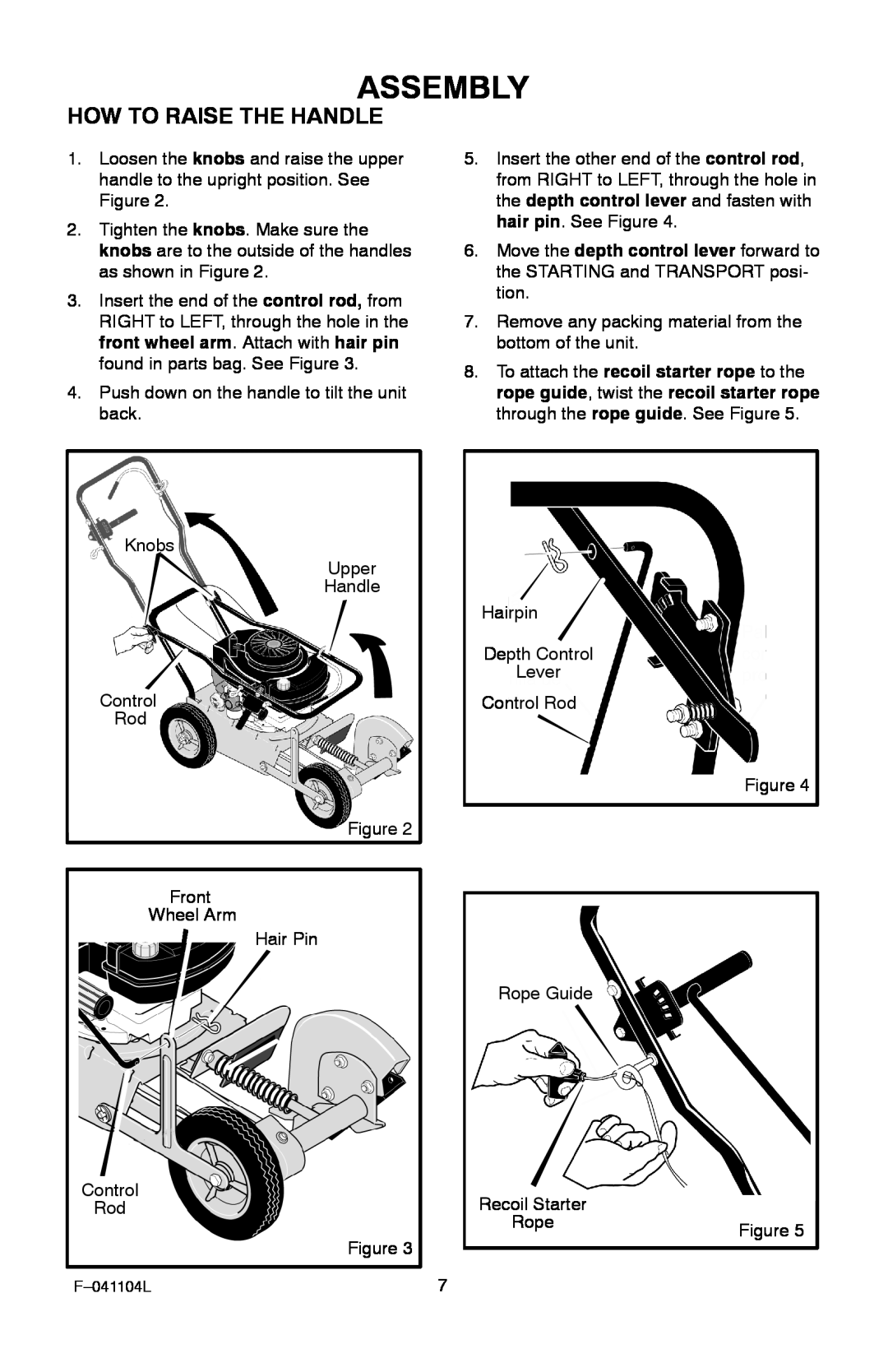 Murray EV3850x4B 3.8 operating instructions Assembly, How To Raise The Handle, Recoil Starter 