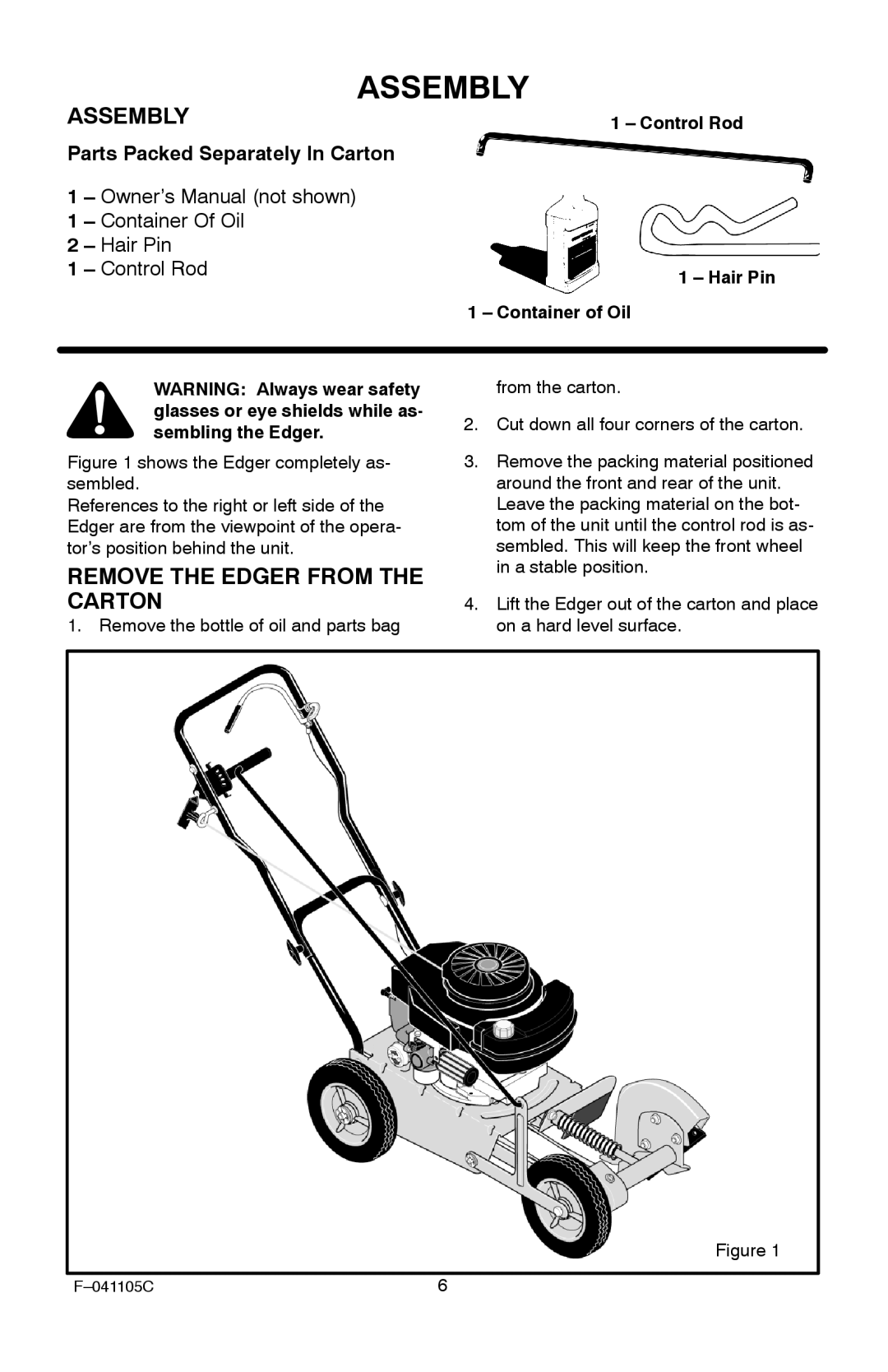 Murray EV3850x4NA manual Assembly, Remove the Edger from the Carton, Control Rod, Container of Oil 