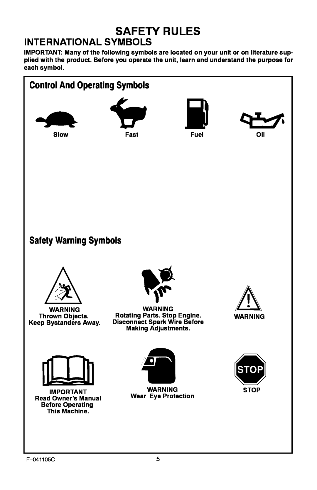 Murray EV3850x4NA manual International Symbols, Safety Rules, Control And Operating Symbols, Safety Warning Symbols 