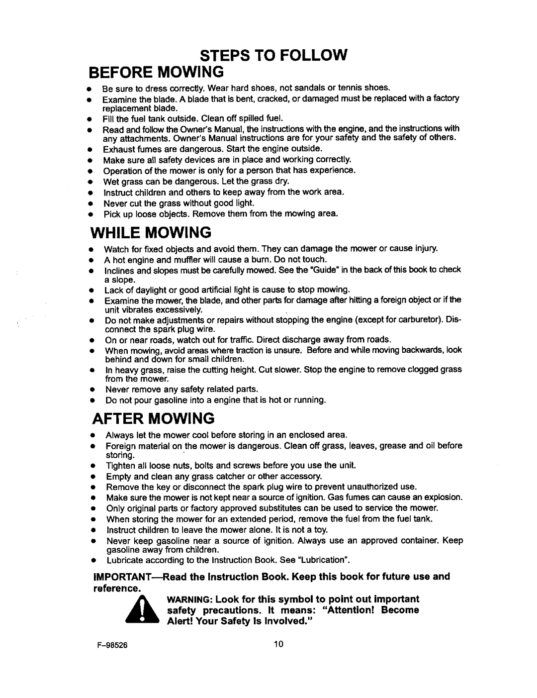 Murray F-98526, 22506x9A manual Steps to Follow Before Mowing, While Mowing, After Mowing 